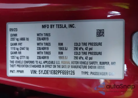 2023 Tesla Model 3 Long Range Dual Motor All-Wheel Drive z USA, uszkodzony, nr VIN 5YJ3E1EB2PF659126